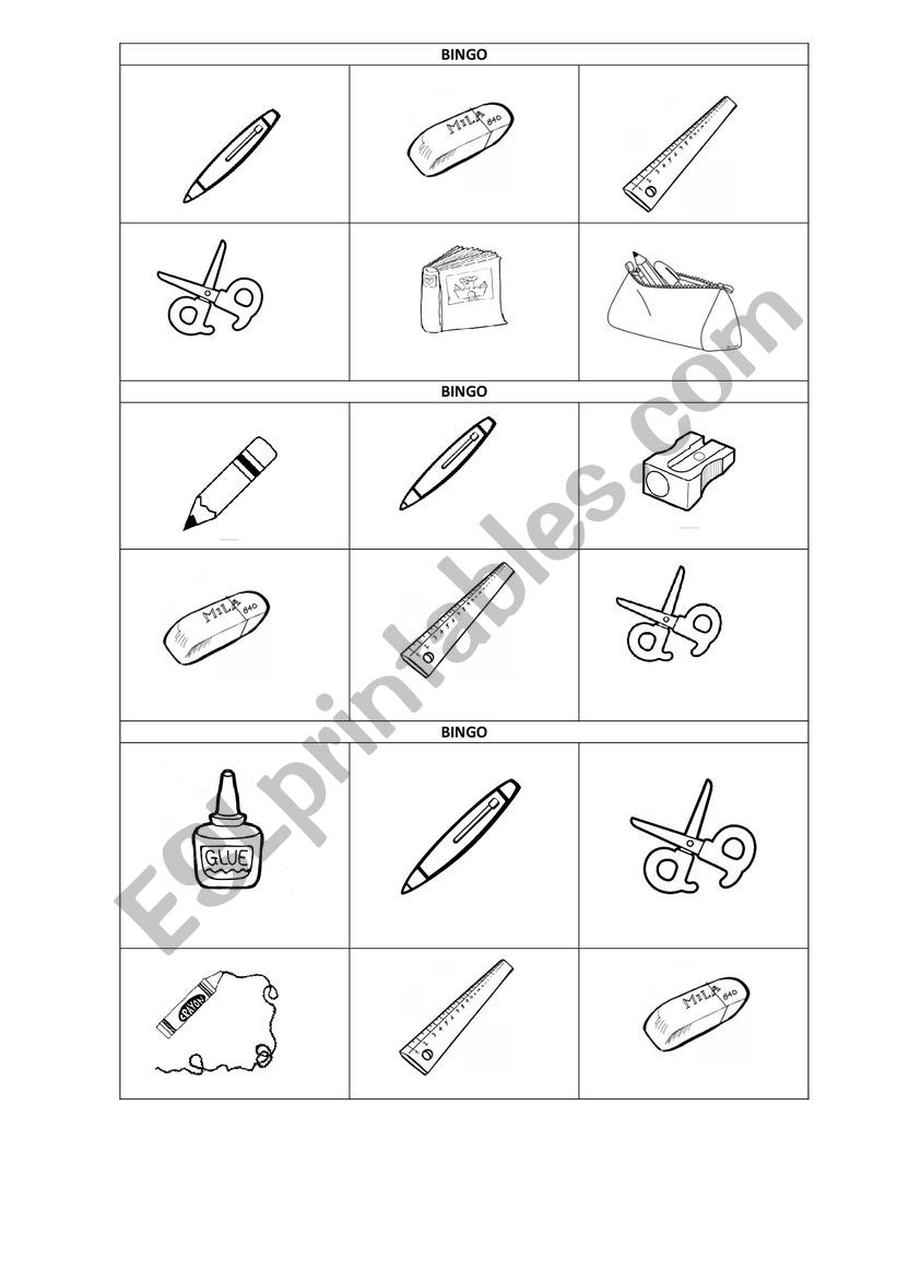 Bingo School Supplies worksheet
