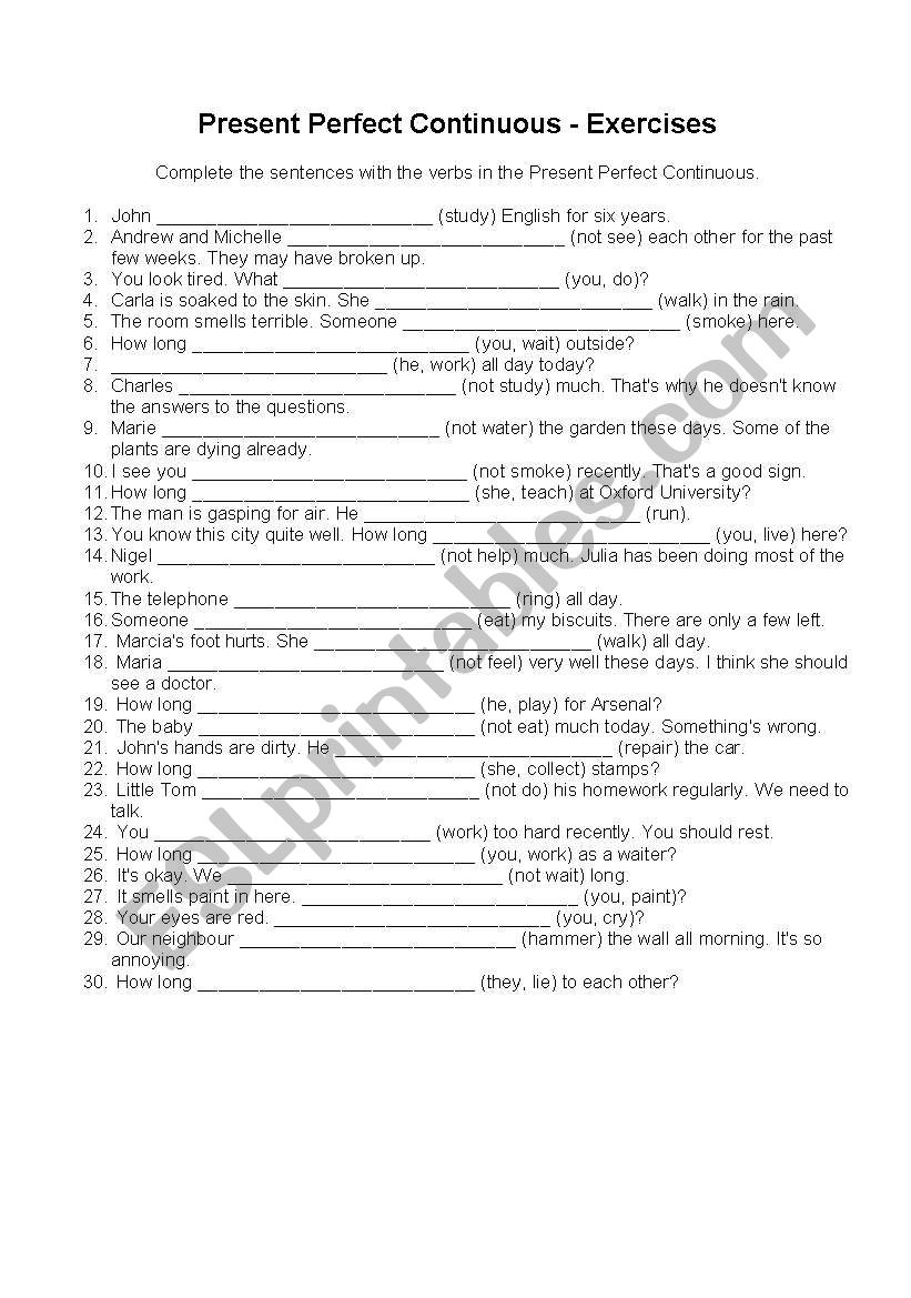 Present perfect continuous worksheet