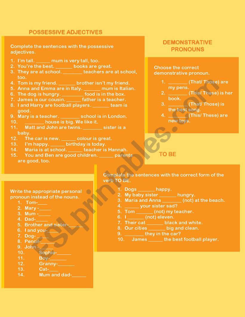 Possessive adjective, demonstrative pronouns, TO BE, personal pronouns