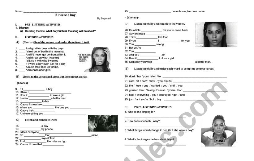 If I were a boy - Beyonc worksheet