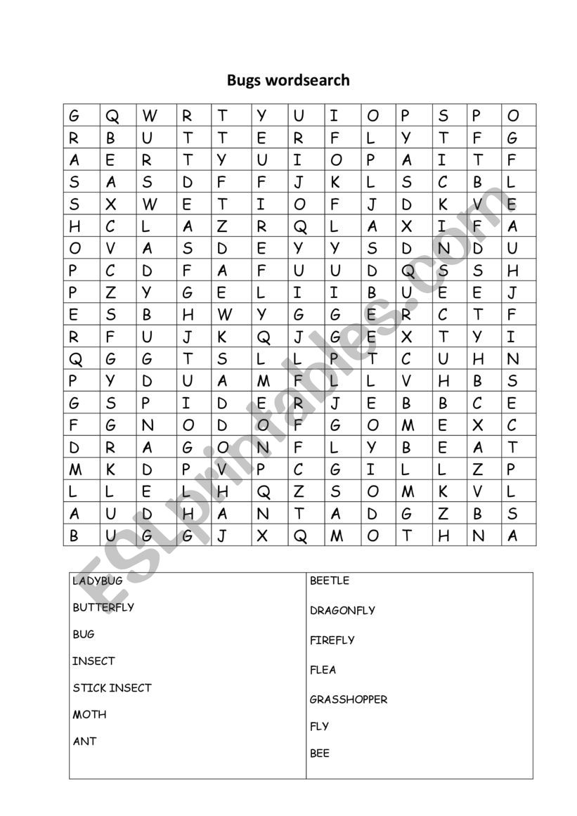 Bugs wordsearch worksheet