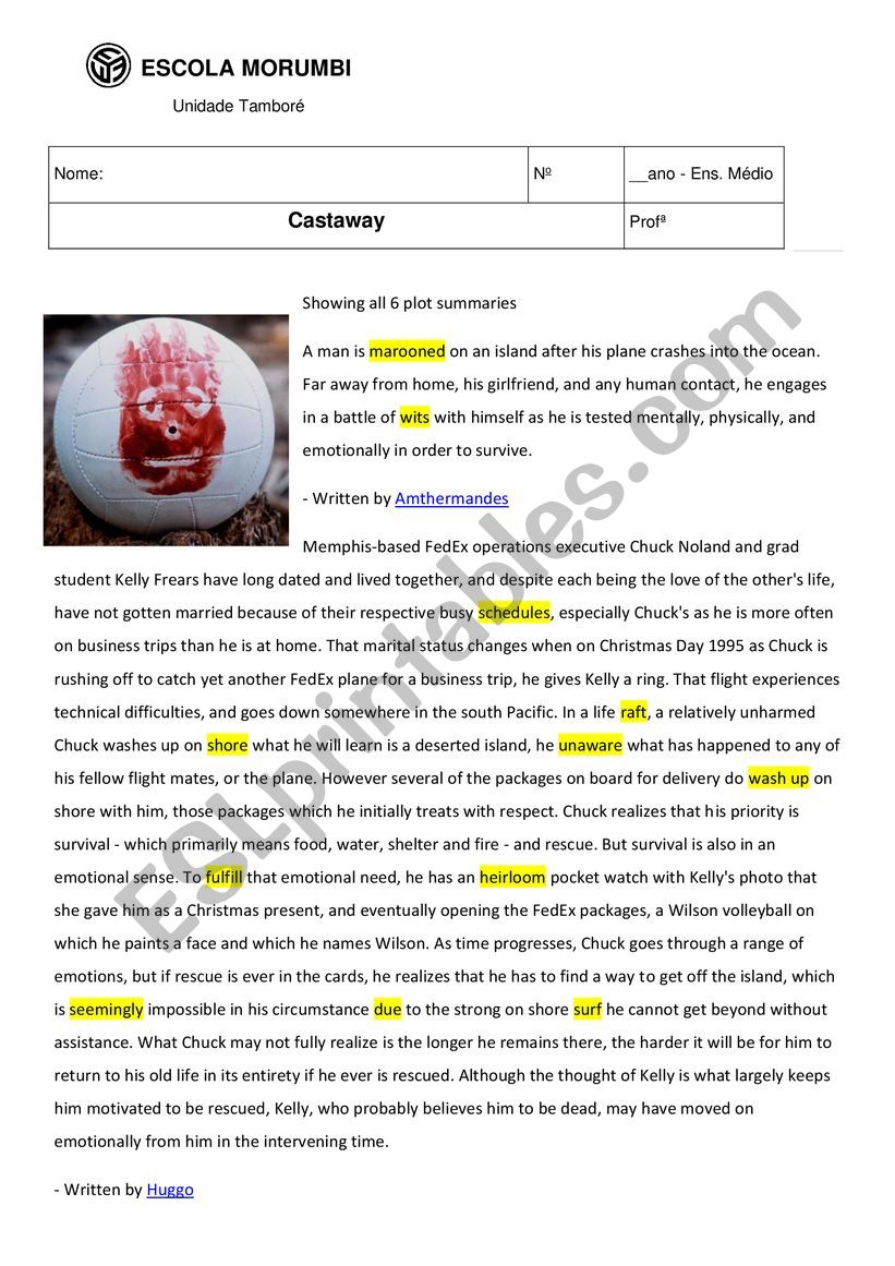 Movie Castway KEY worksheet