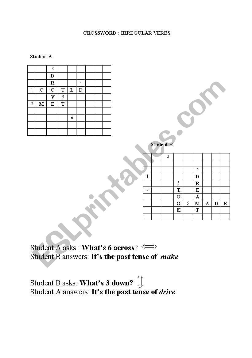 Irregular verbs crosswords worksheet