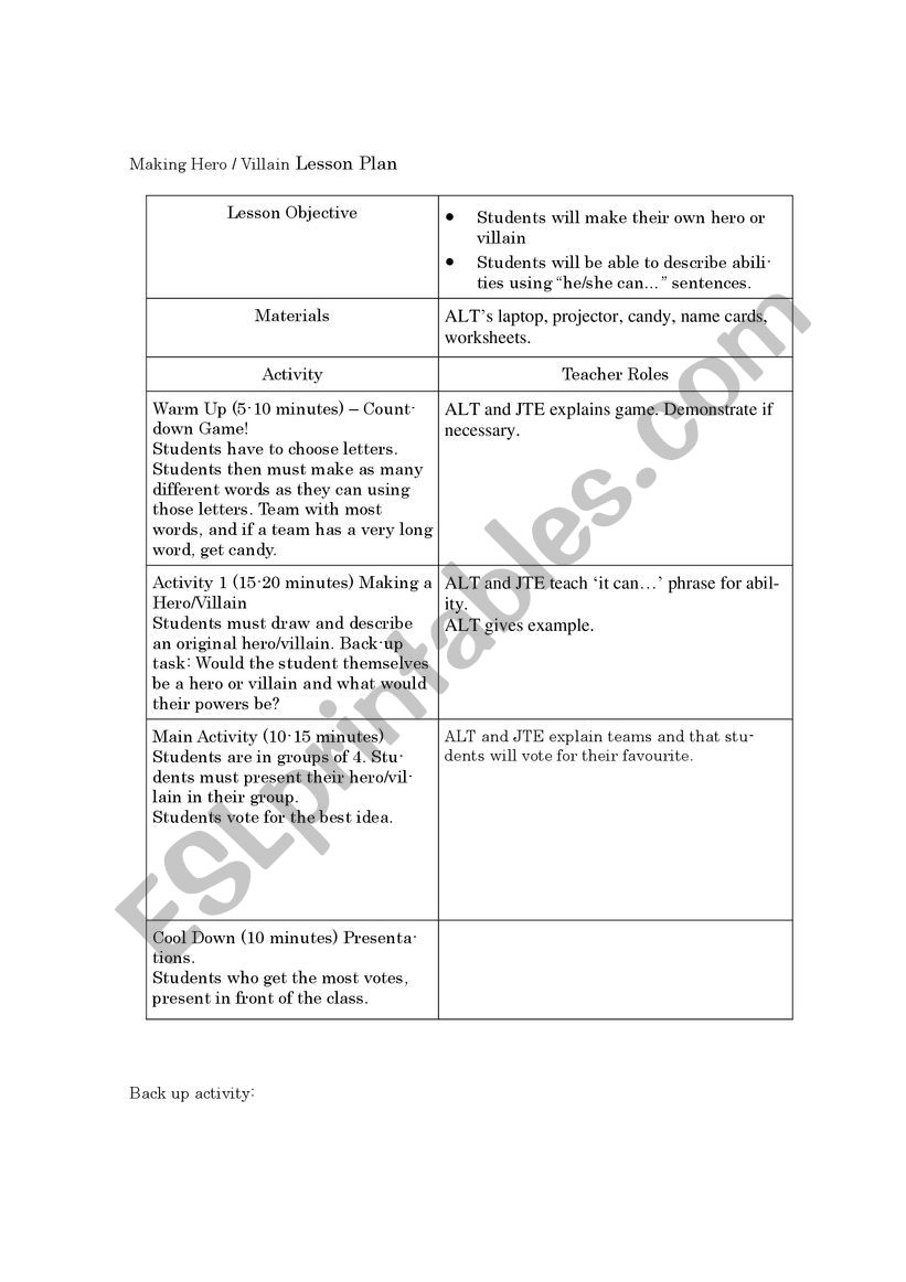 Make Your Own Hero / Villain worksheet