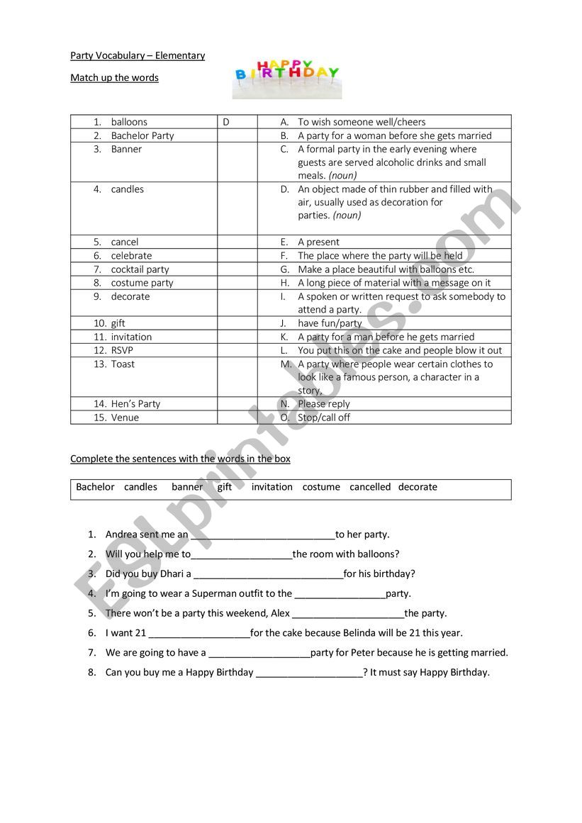 Party Vocabulary worksheet