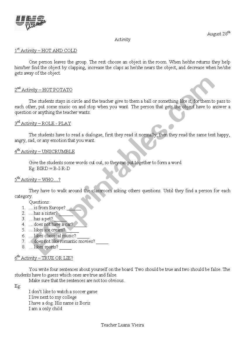 Games worksheet