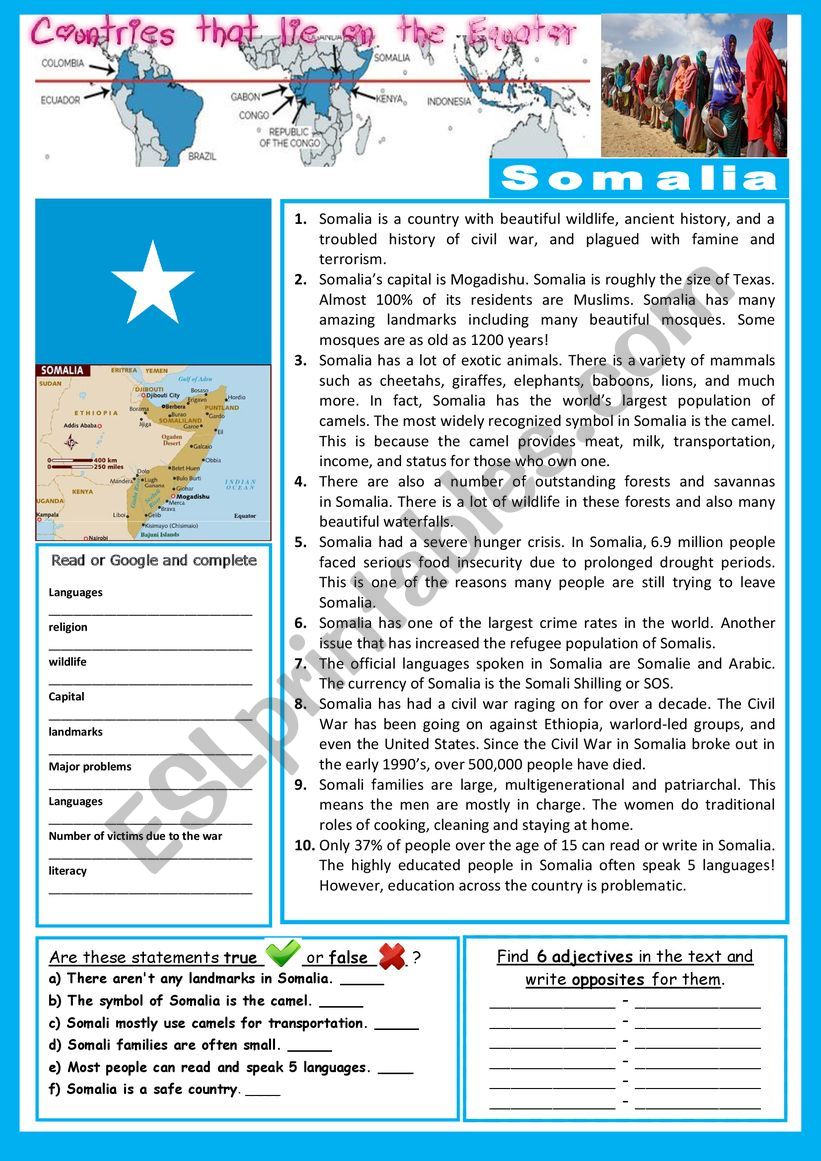 Everything about Somalia (on the Equator).  Reading and/or web-search. + KEY