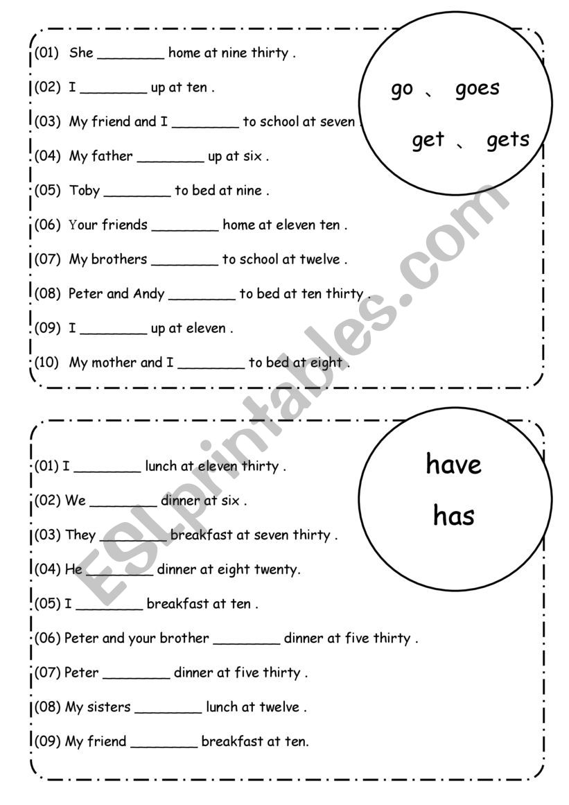 Go Goes Get Gets Have Has Esl Worksheet By Jia Yu Wu