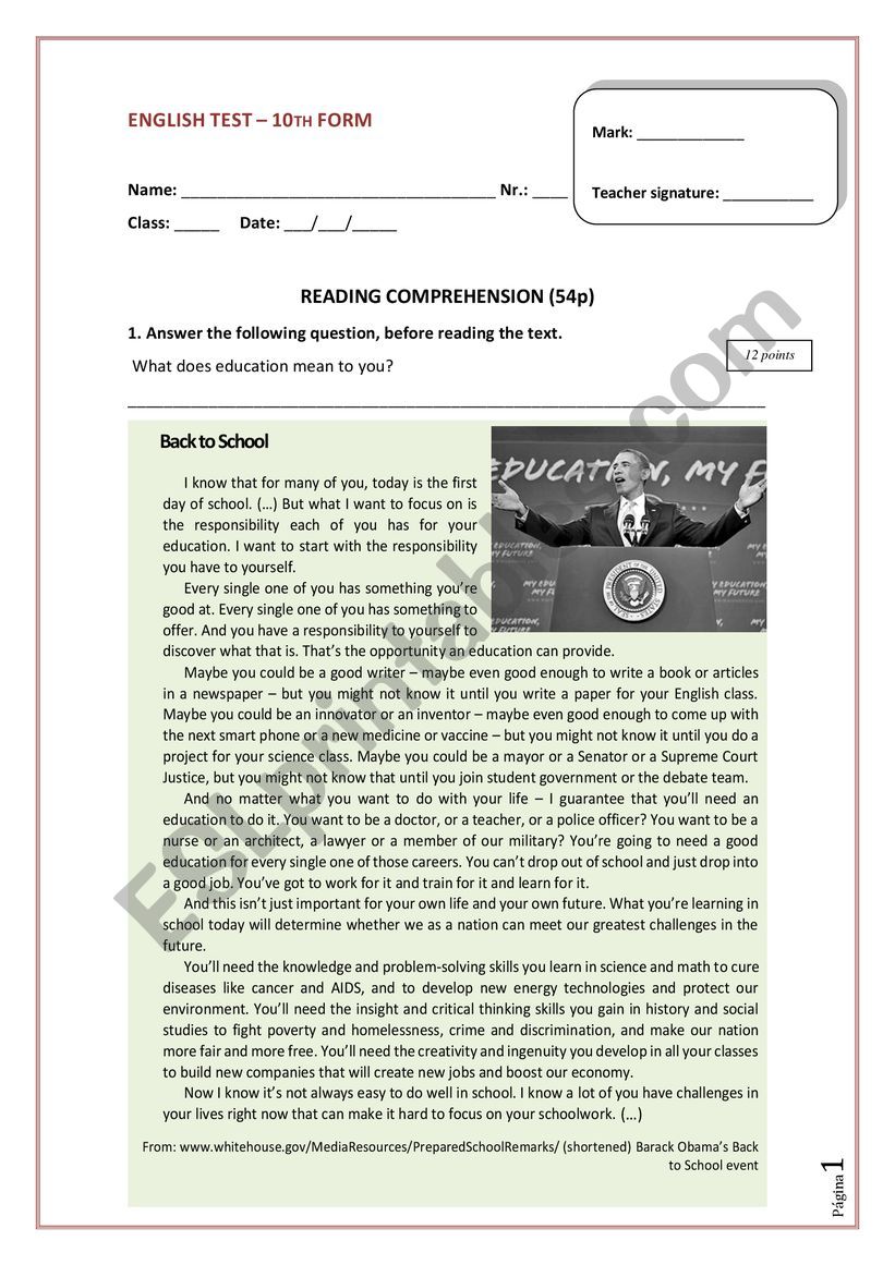 10th form English test worksheet
