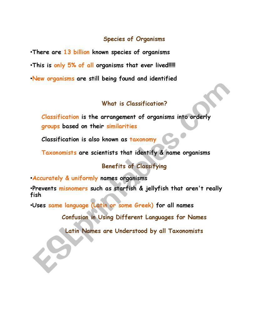Classification of Life worksheet