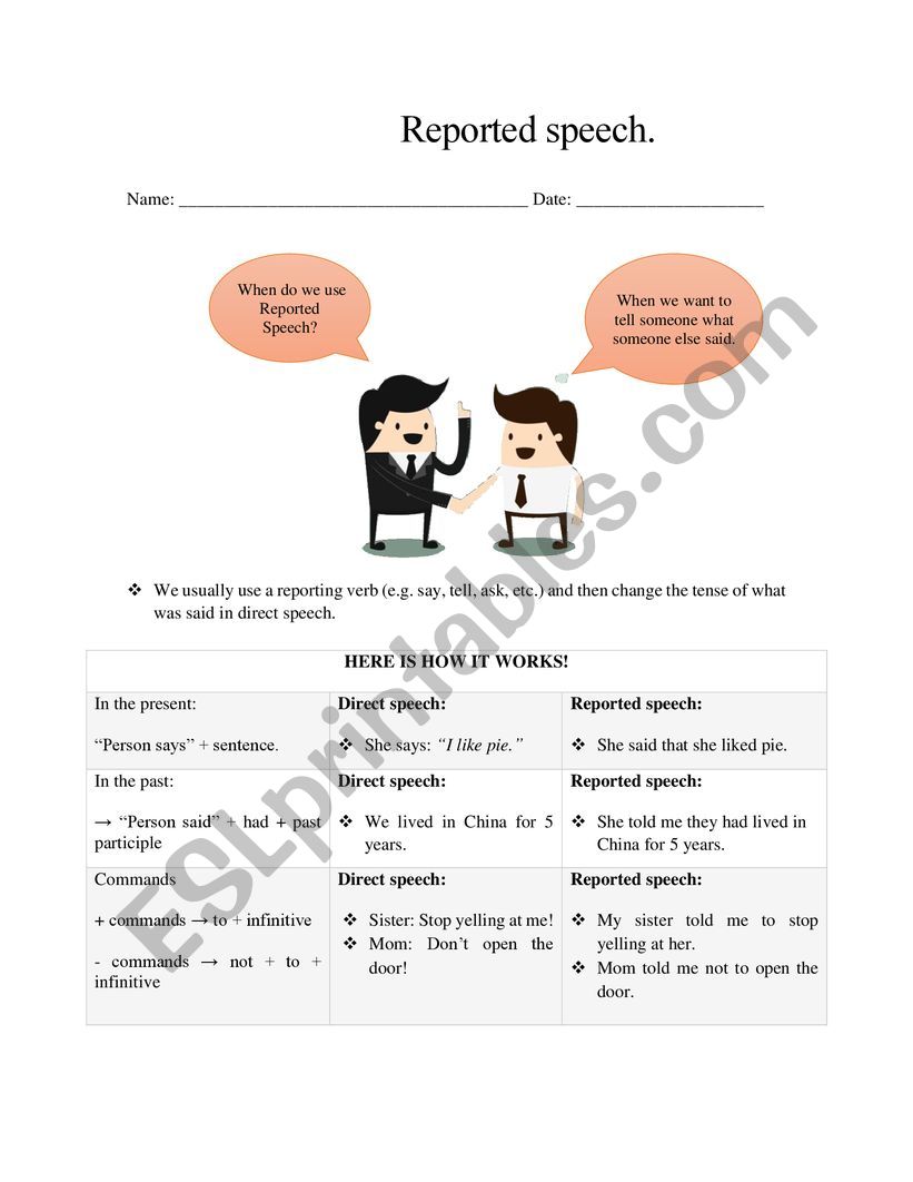 Reported speech worksheet