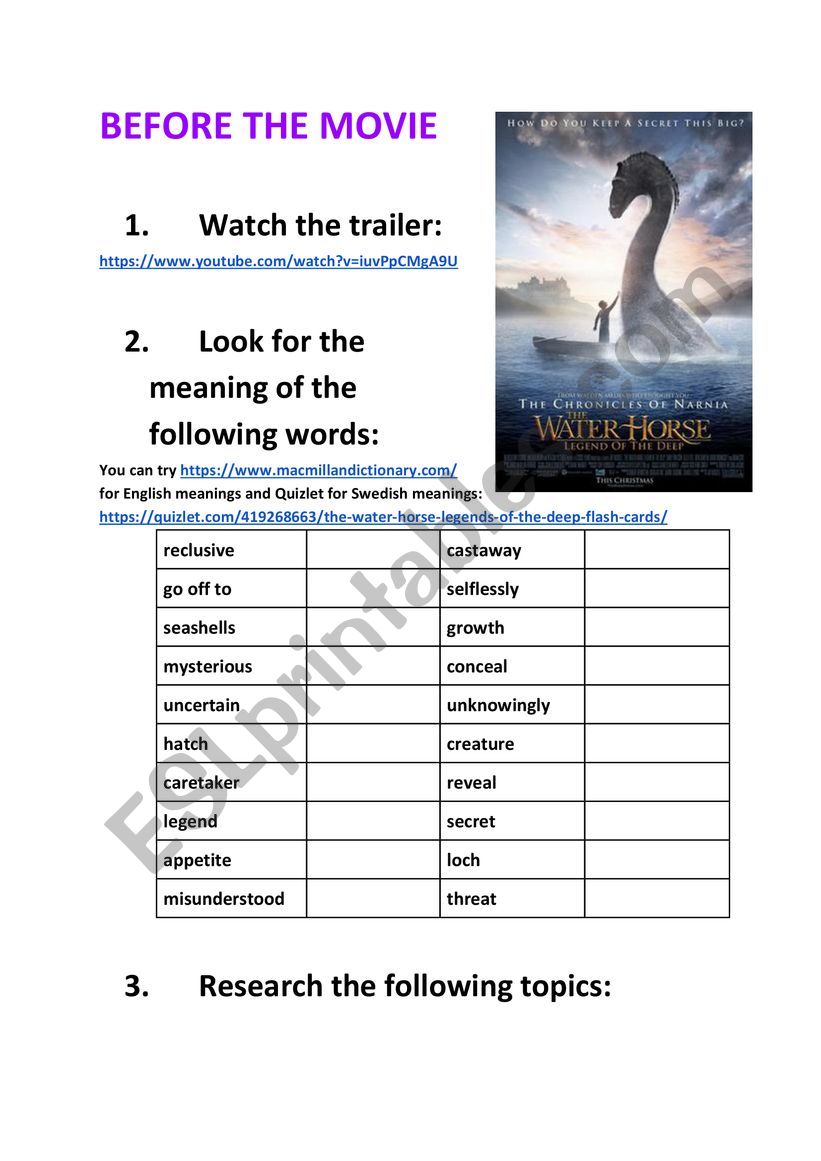 before watching the movie the water horse legend of the deep esl worksheet by adriana sturesson skola trelleborg se
