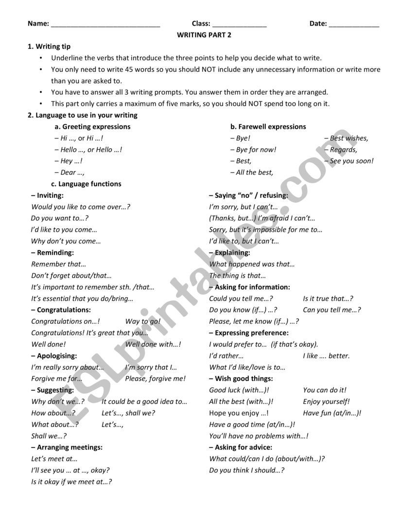 PET Writing Task 2 - Common expressions