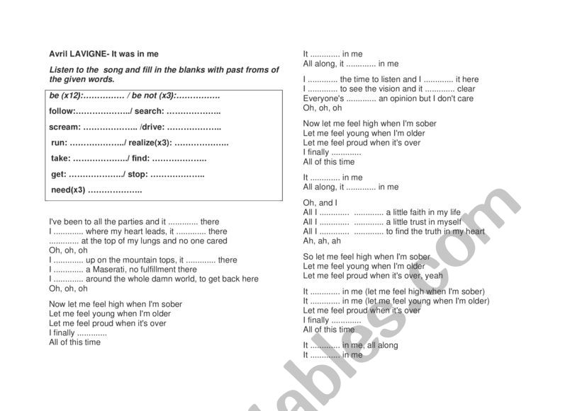 Avril Lavigne- It was in me worksheet