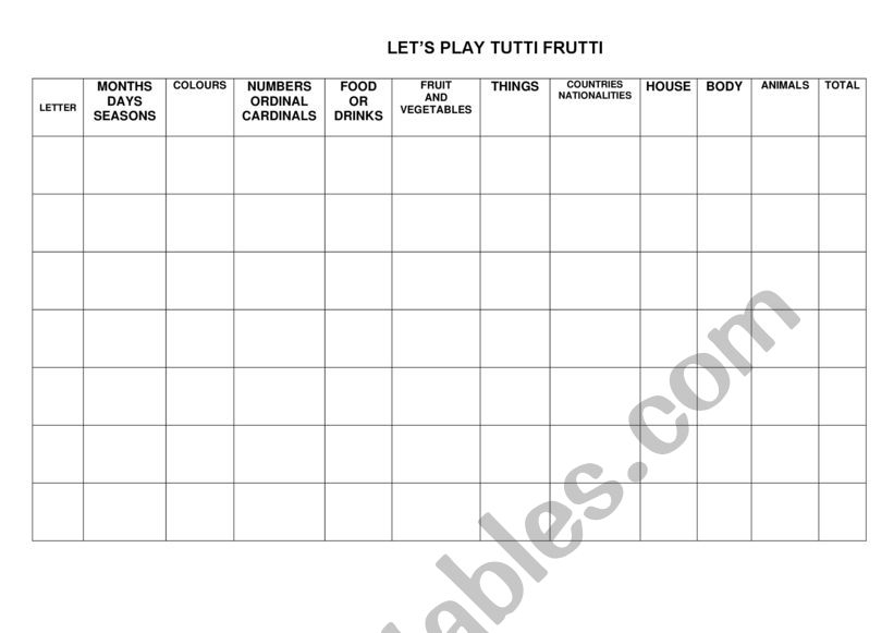 tutti fruti -game (VOCABULARY)