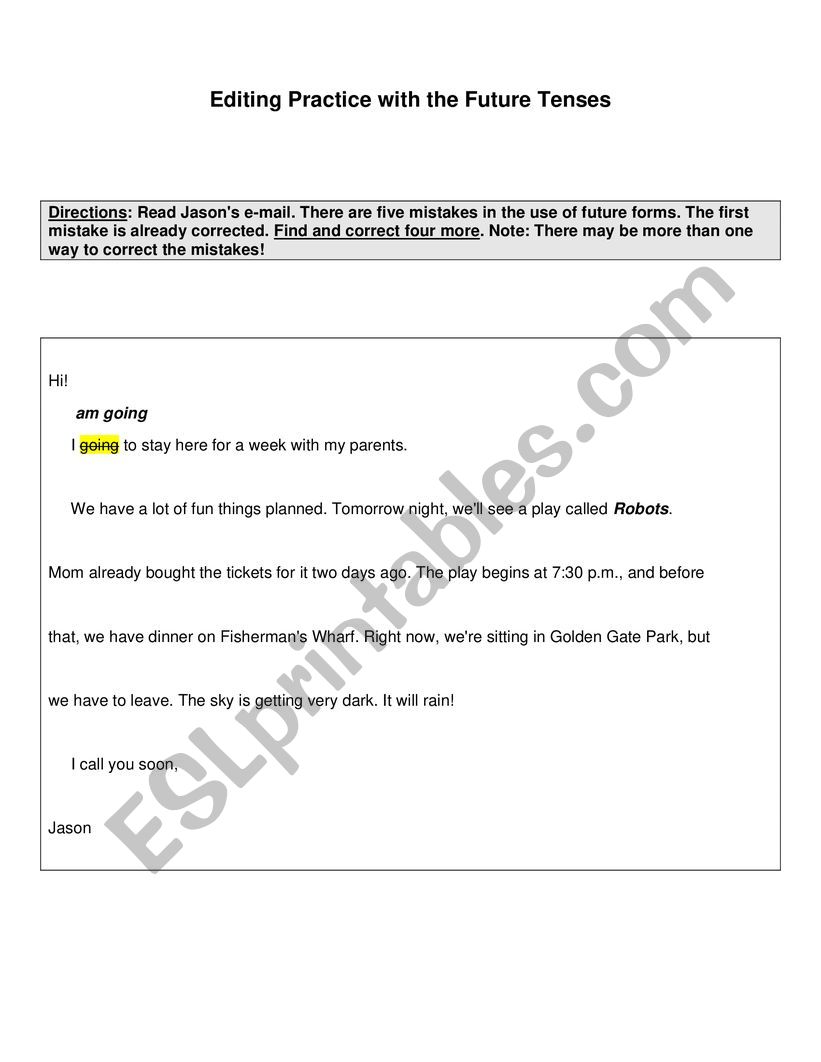 Editing Practice Future Tense worksheet