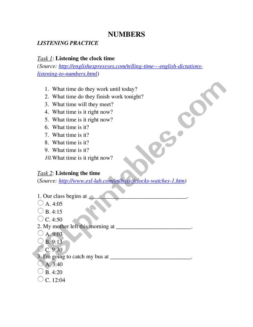 LISTENING NUMBER AND TIME worksheet