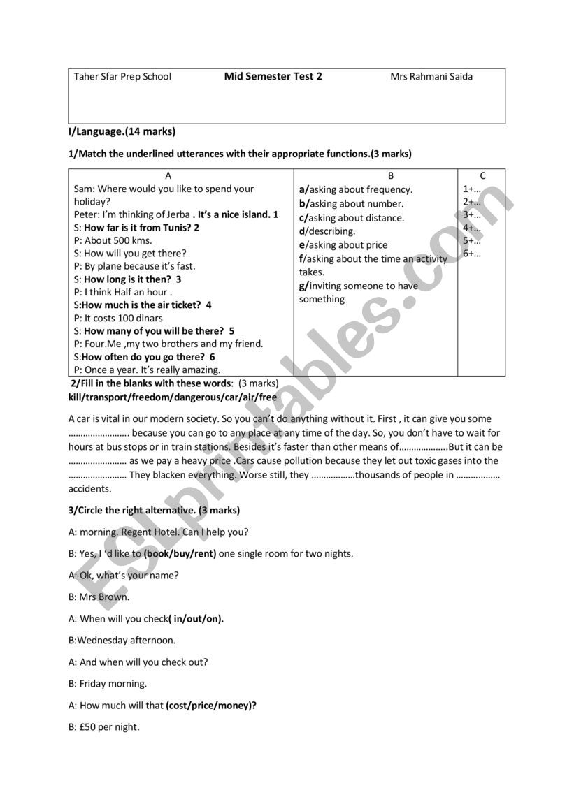 mid term test worksheet