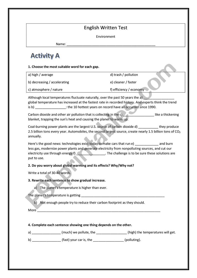 Environment Test 11 worksheet