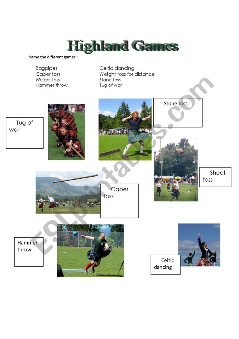 Highland games worksheet