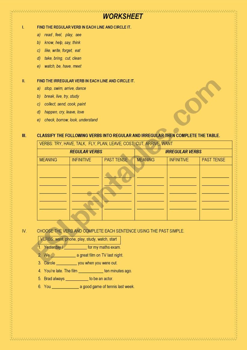 REGULAR AND IRREGULAR VERBS worksheet