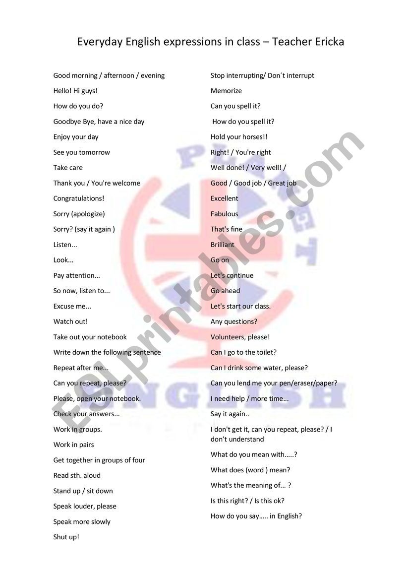 Everyday english expressions worksheet