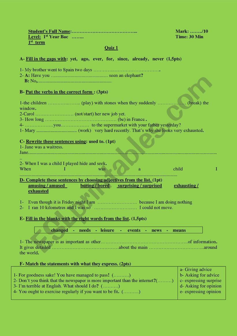 QUIZ FOR A2 TO B1 STUDENTS worksheet