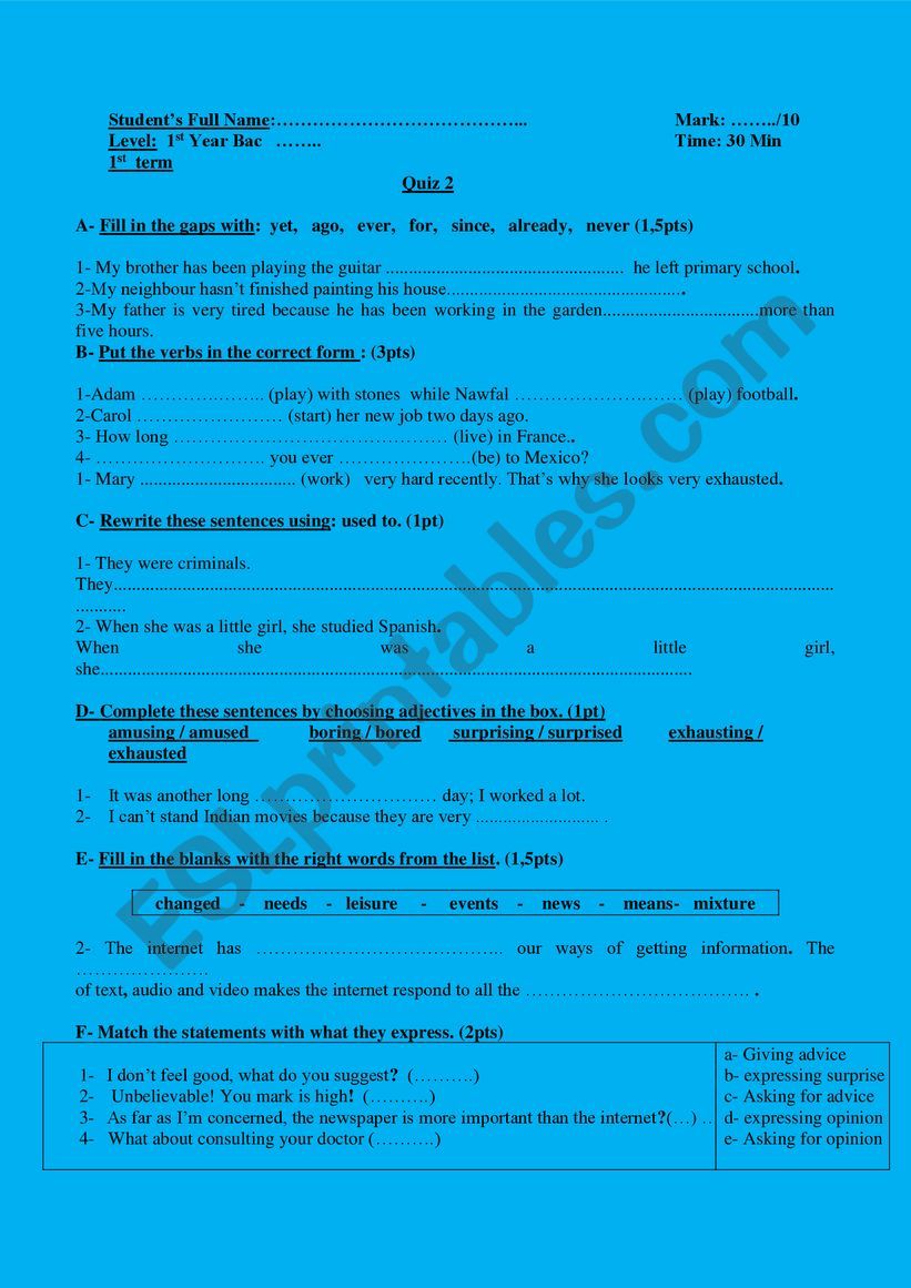 QUIZ FOR A2 TO B1 STUDENTS SECOND MODEL