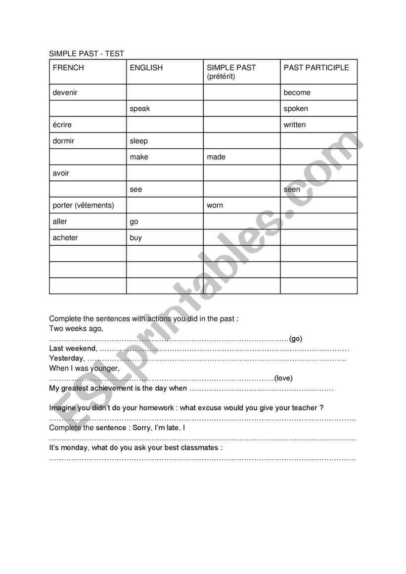 SIMPLE PAST TEST worksheet