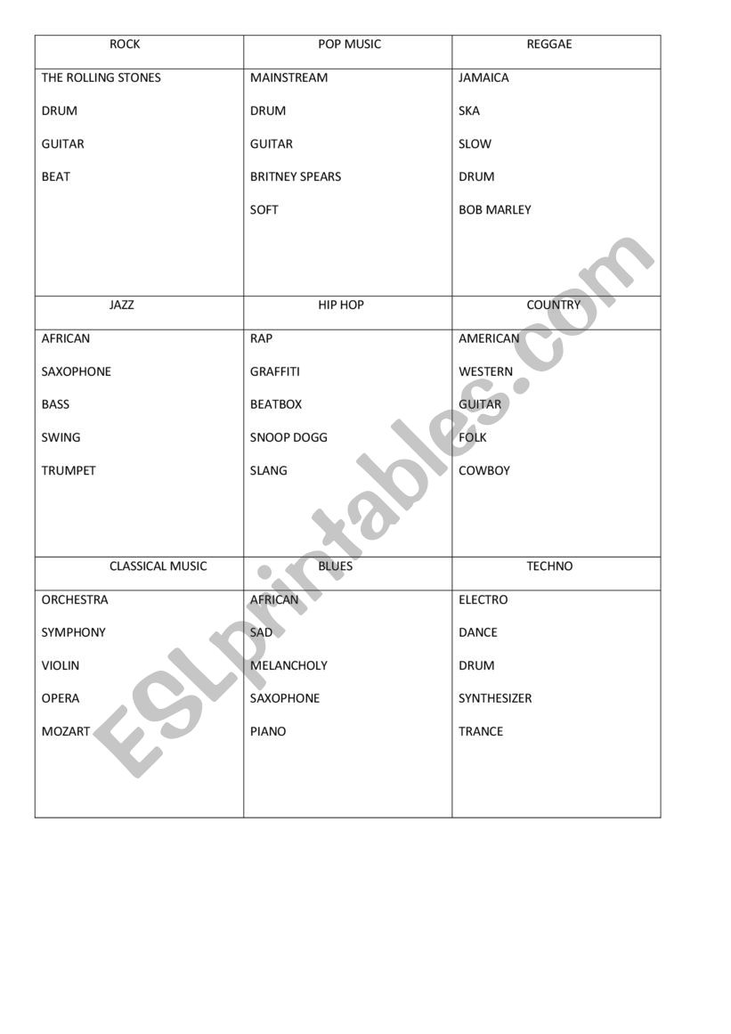 Music Taboo Cards worksheet