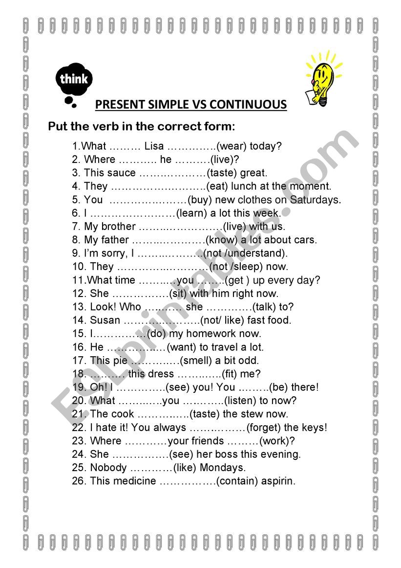 Present Simple vs Continuous worksheet