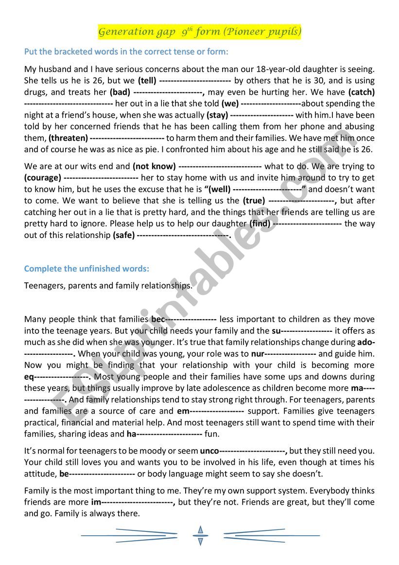 generation gap:  worksheet