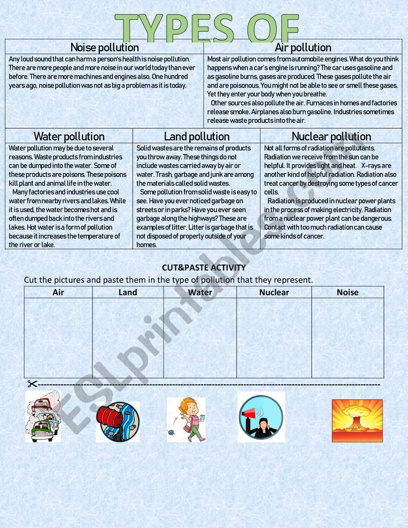 TYPES OF POLLUTION worksheet