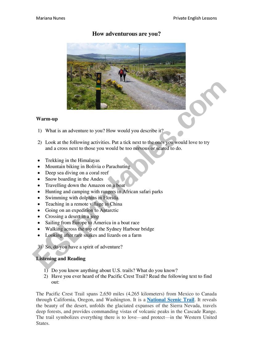 Adventurous trips worksheet