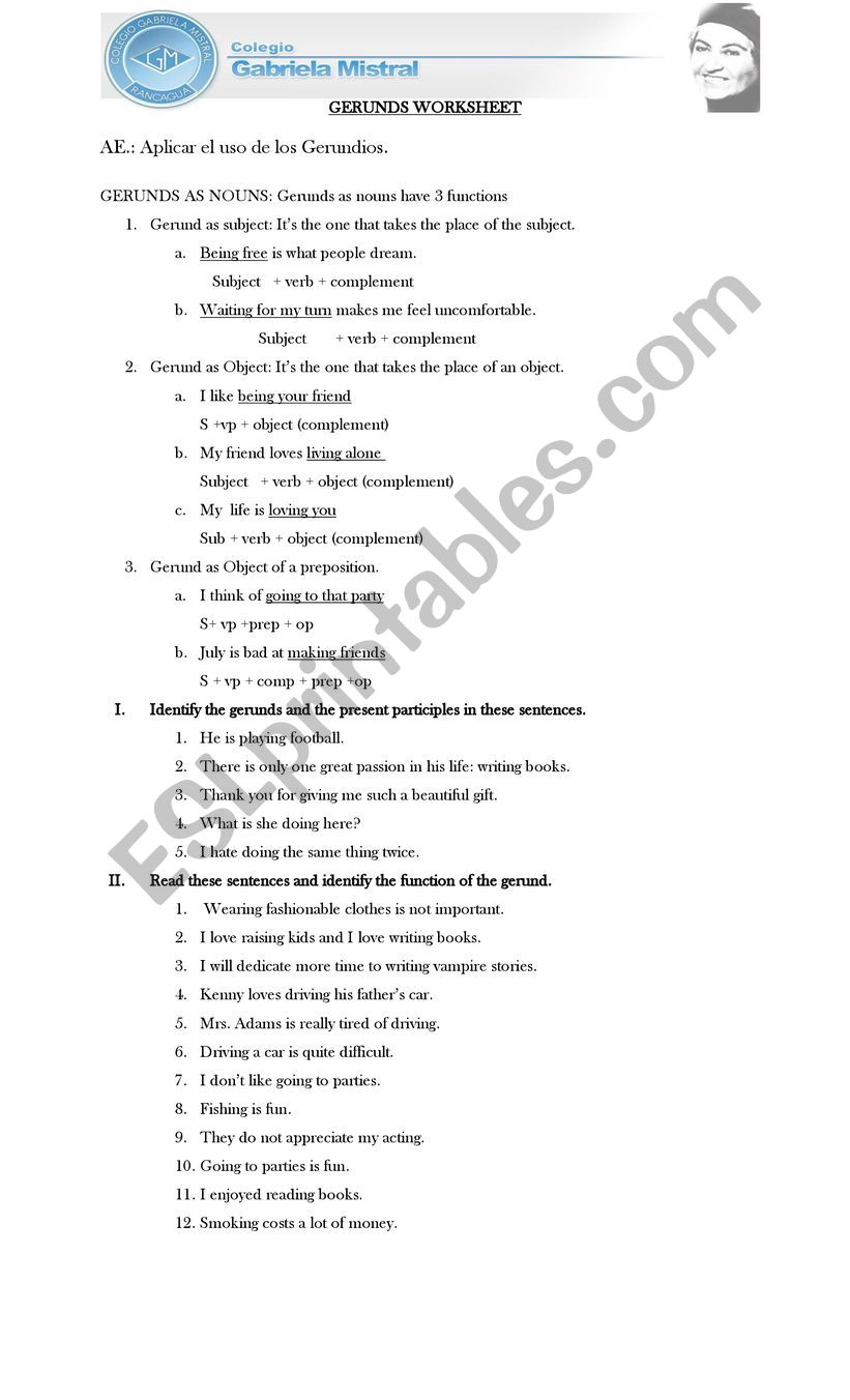 Gerund Worksheet worksheet