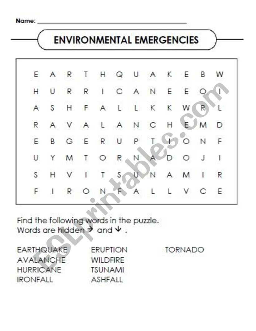 ENVIRONMENTAL EMERGENCIES WORDSEARCH