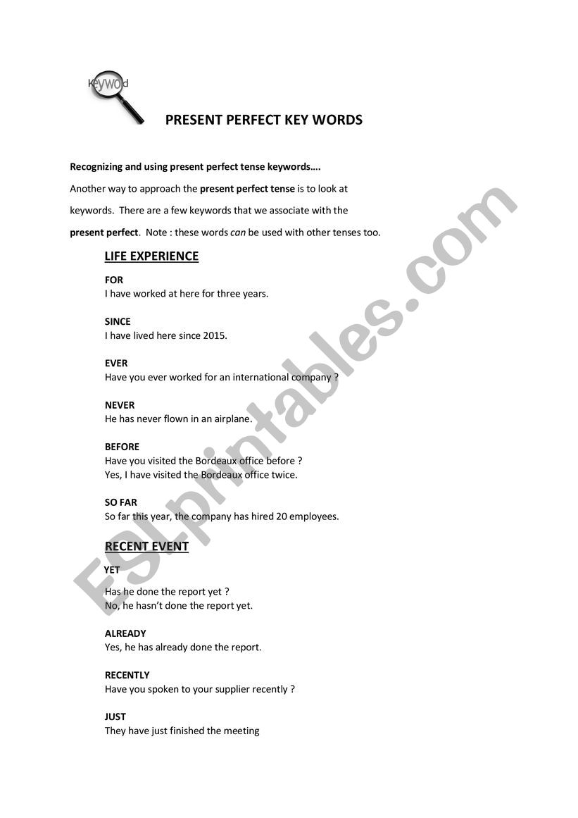 present perfect key words worksheet