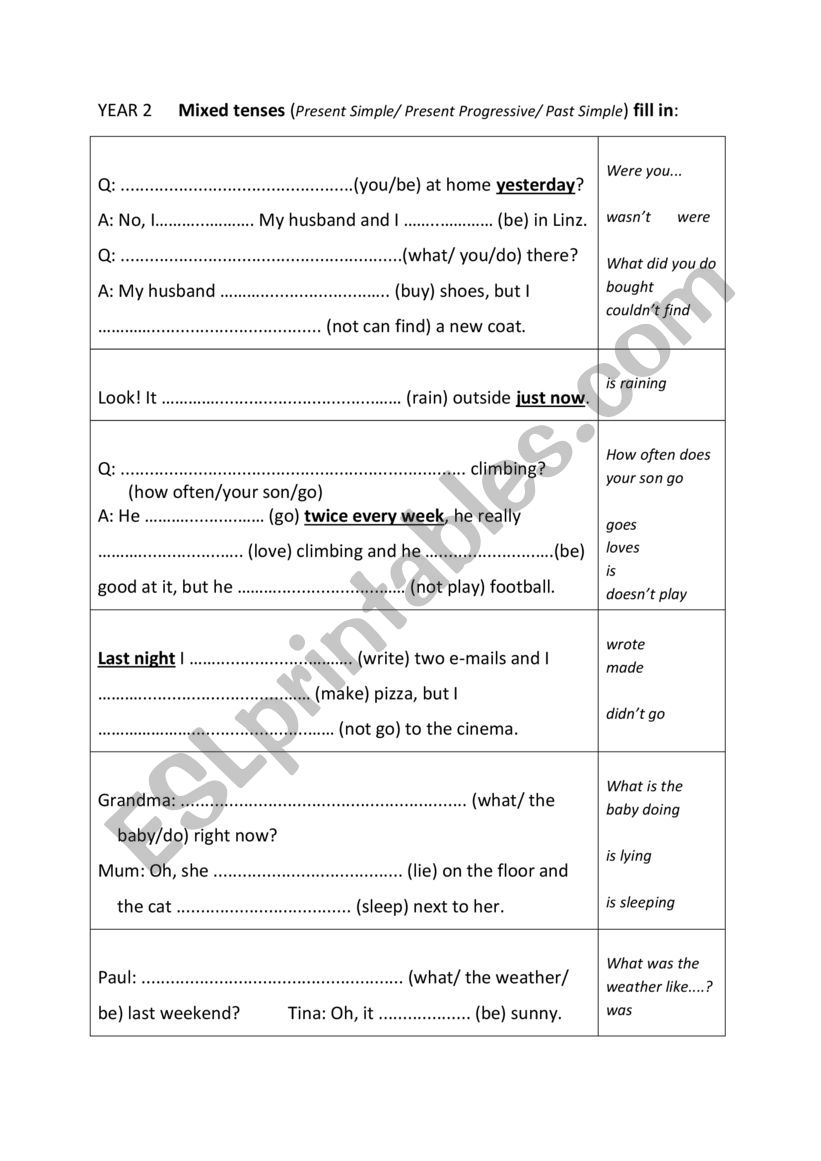 Mixed tenses for beginners: gap fill with solutions