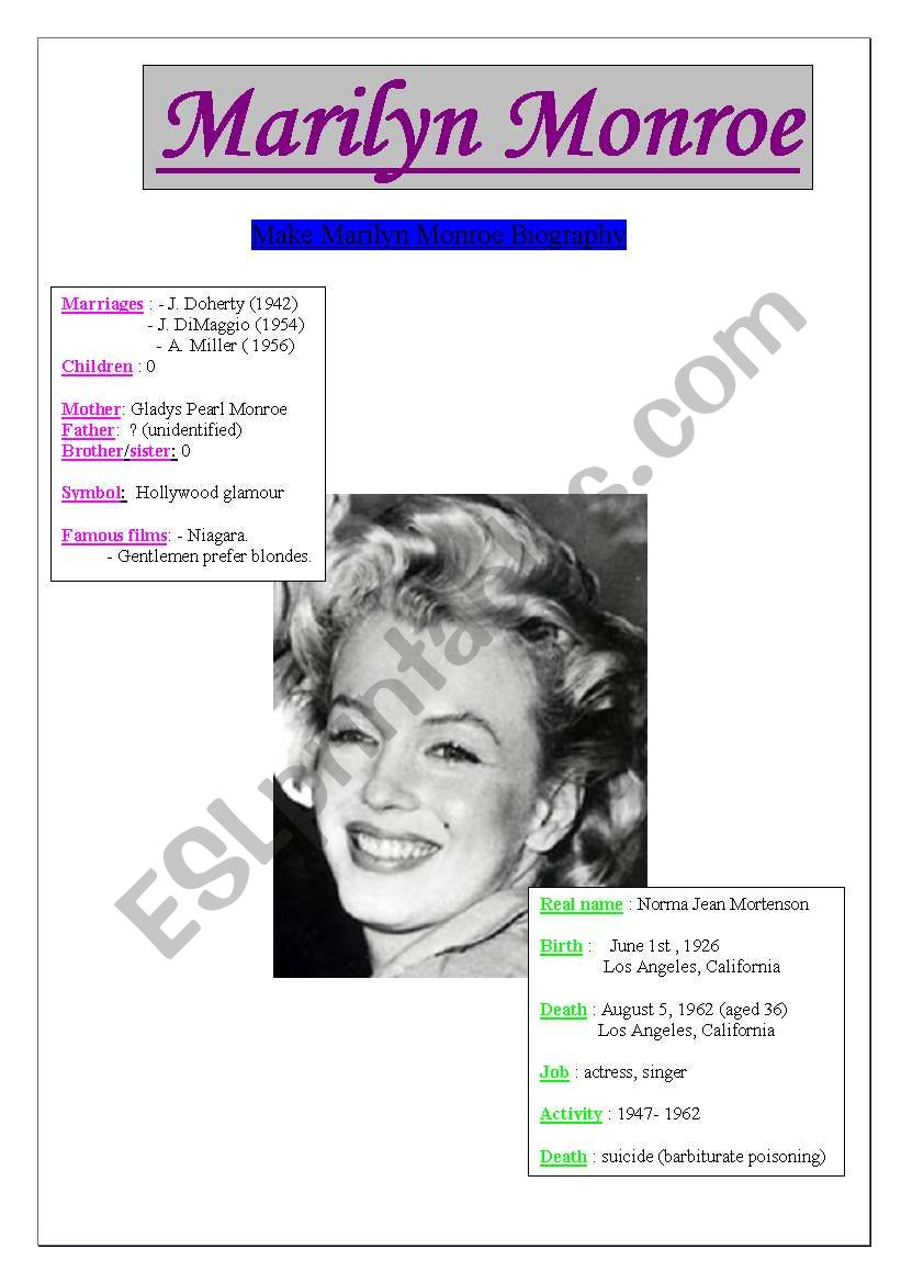 Marylin Monroe biography worksheet