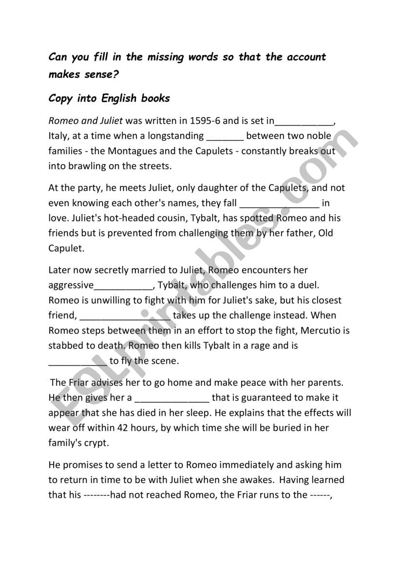  Cloze  for Romeo and Juliet worksheet