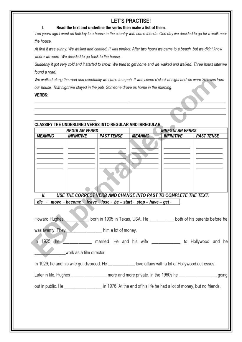 REGULAR AND IRREGULAR VERBS worksheet