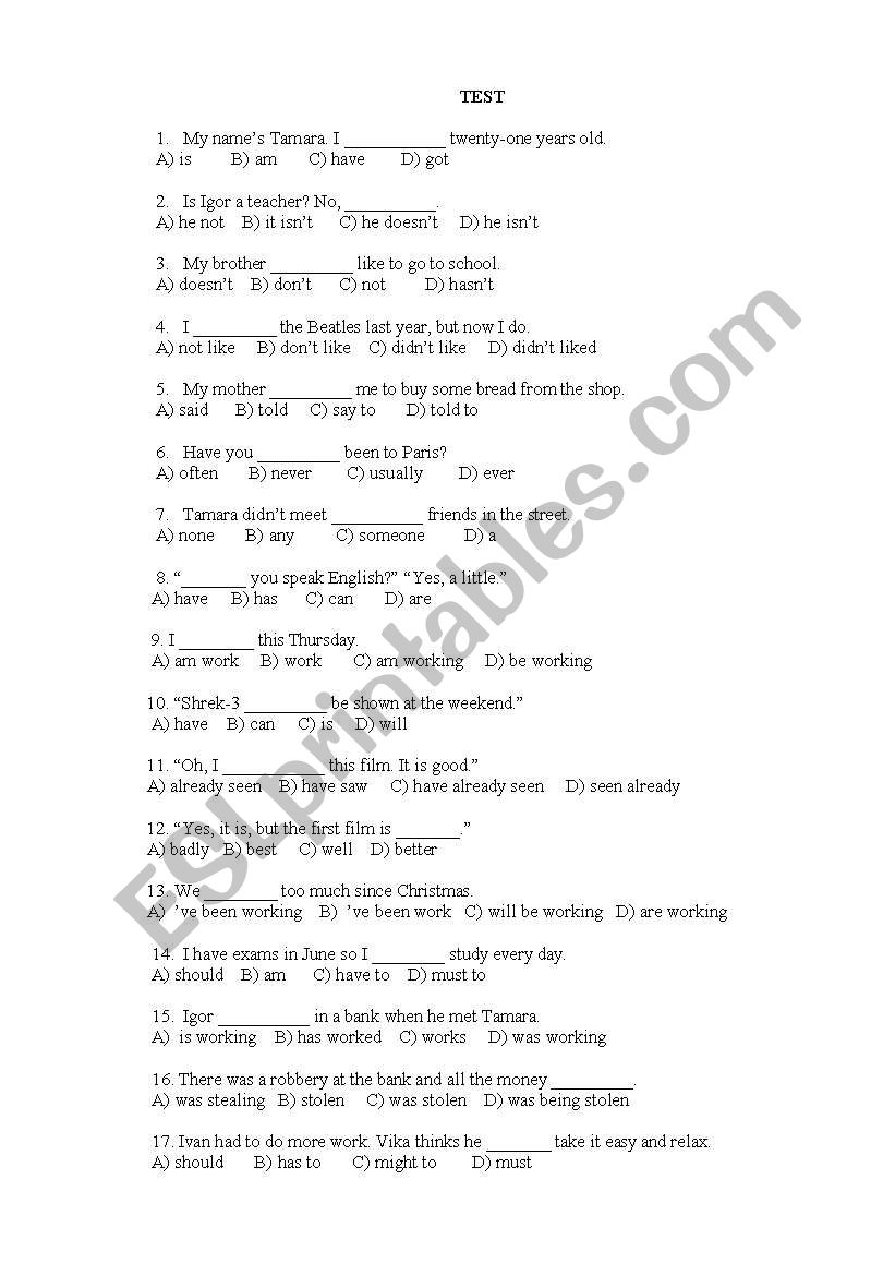 Easy Grammar Test worksheet