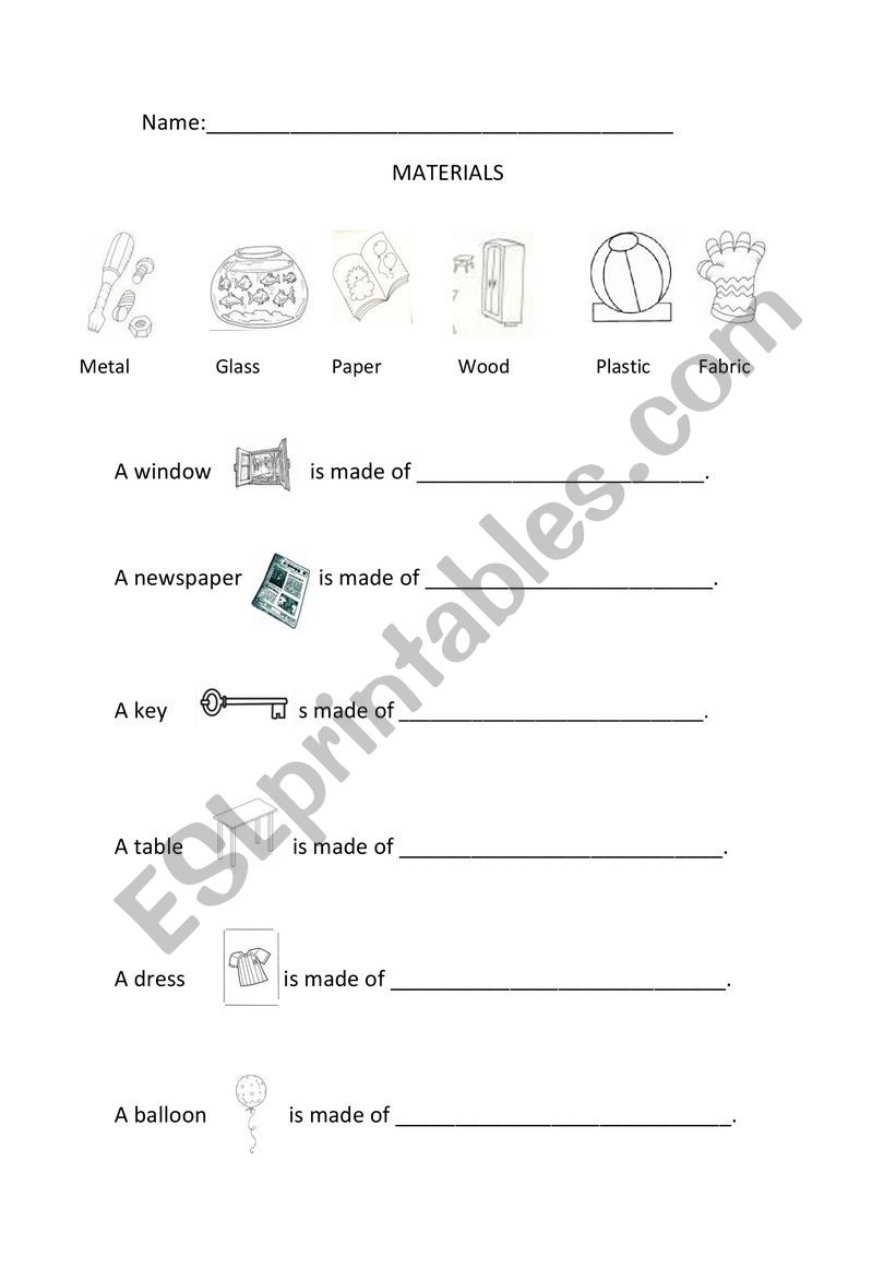 Materials worksheet