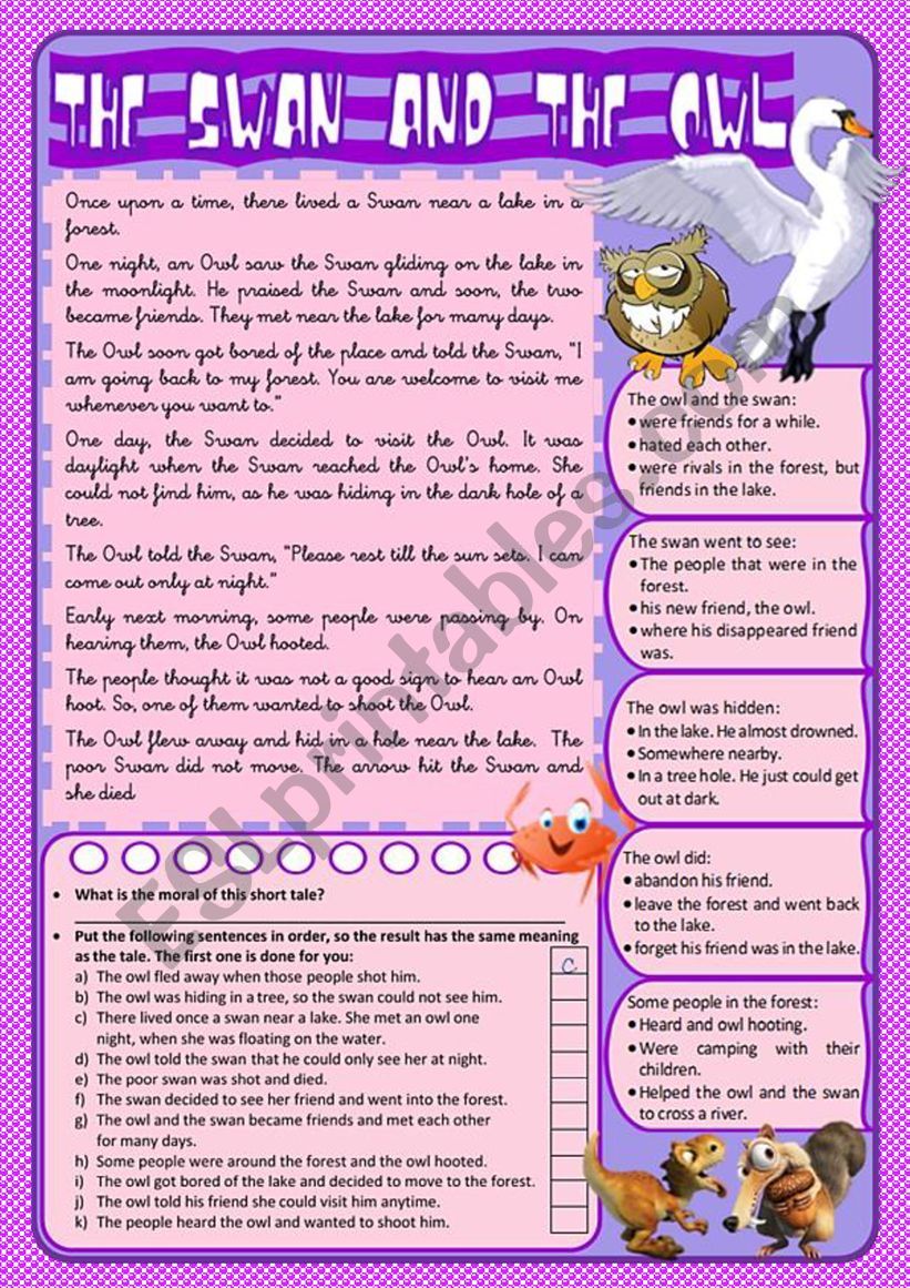 Â´THE SWAN AND THE OWLÂ´ READING & COMPREHENSION (B&W INCLUDED)