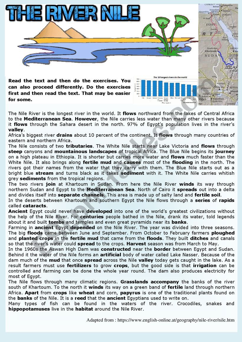 The Nile. The longest river. Reading + comprehension exercises + KEY