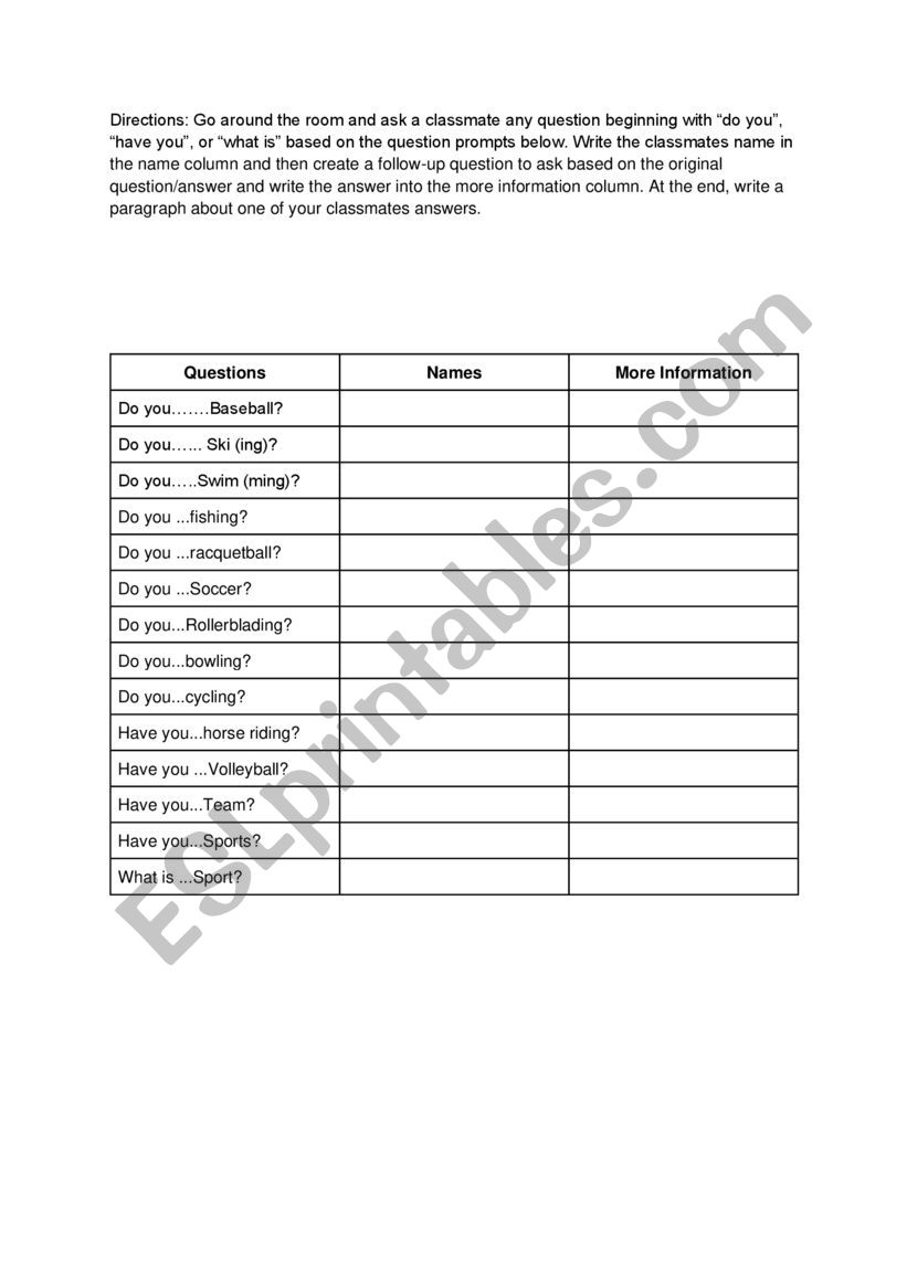 Sports Activity Speaking Worksheet 