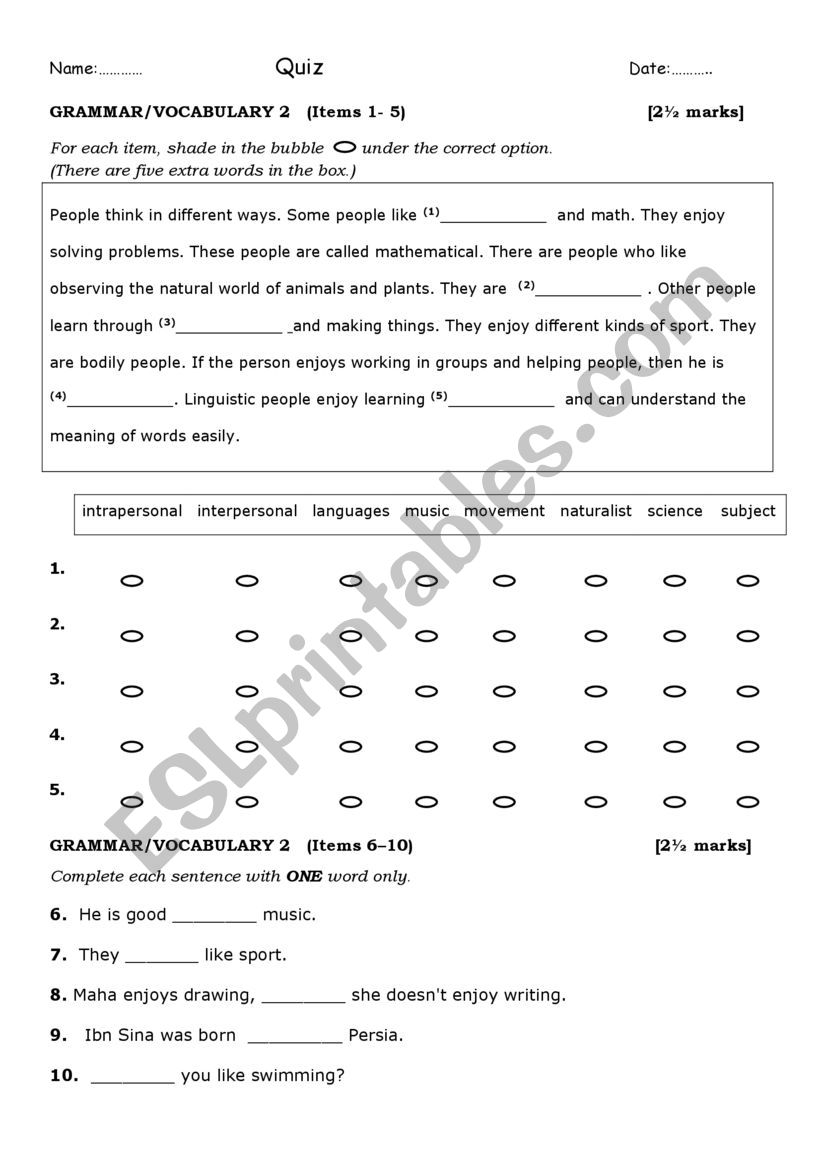 grammar / vocabulary quiz worksheet