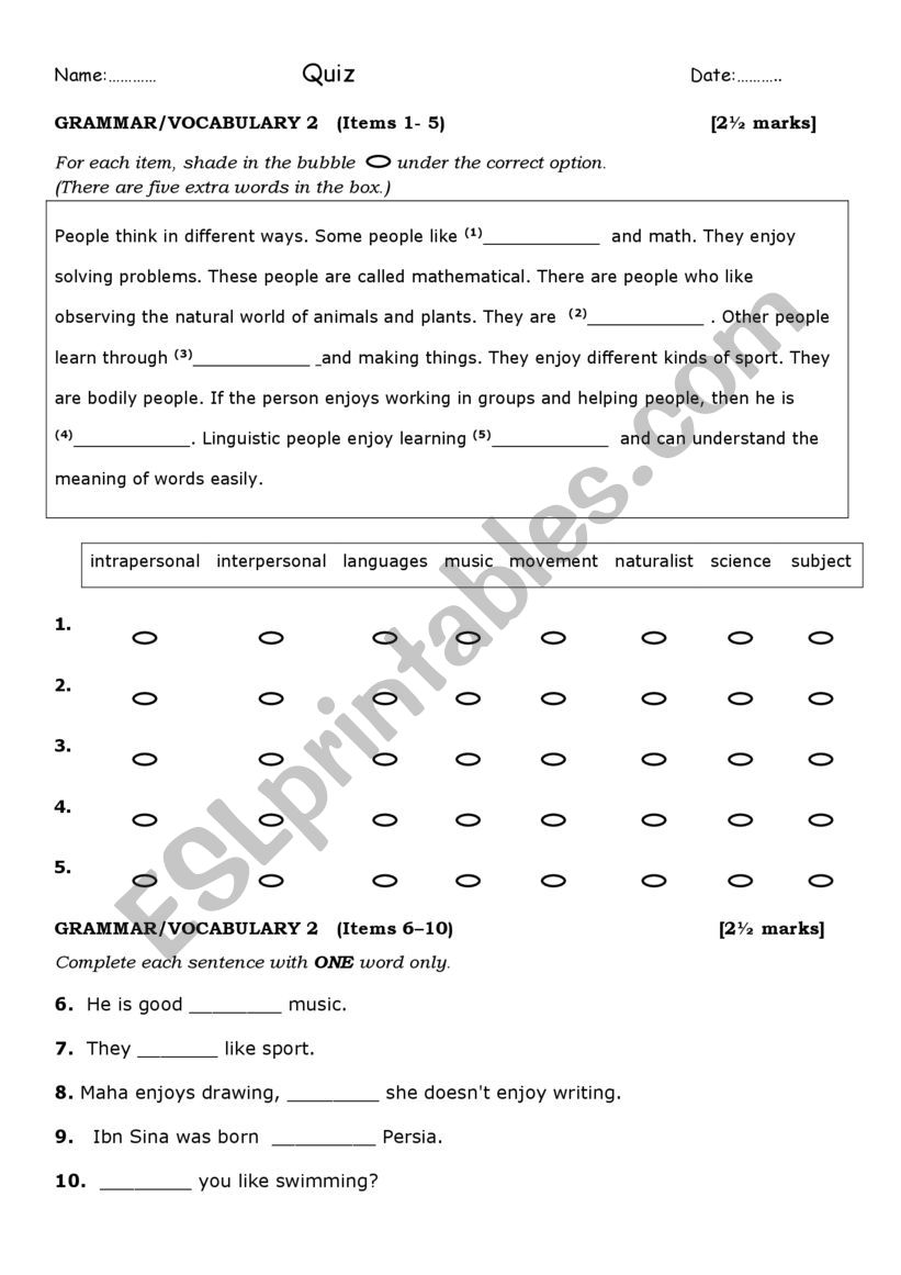 grammar / vocabulary quiz worksheet