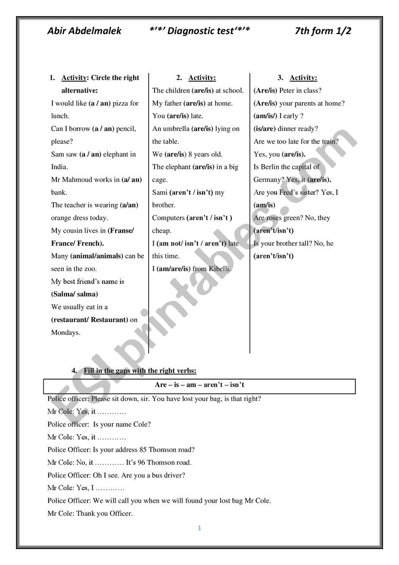 Dignostic test 7th form worksheet