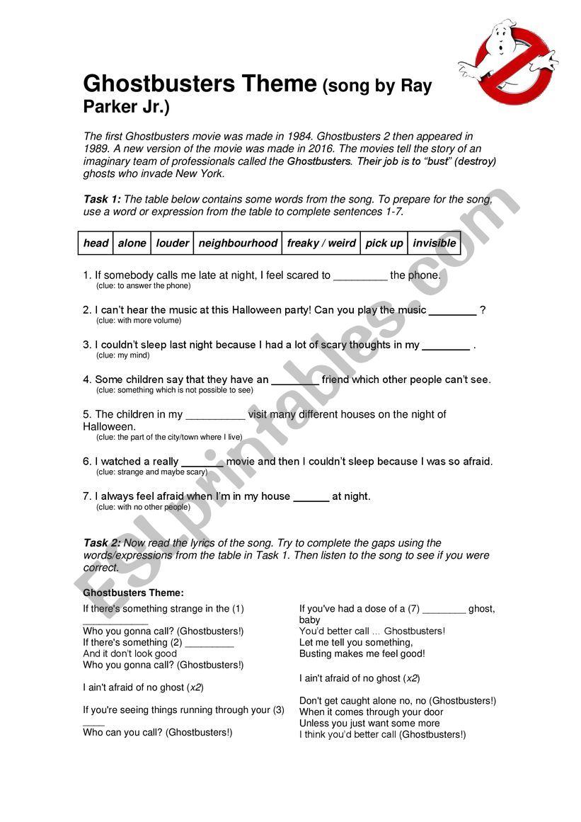 Ghostbusters worksheet